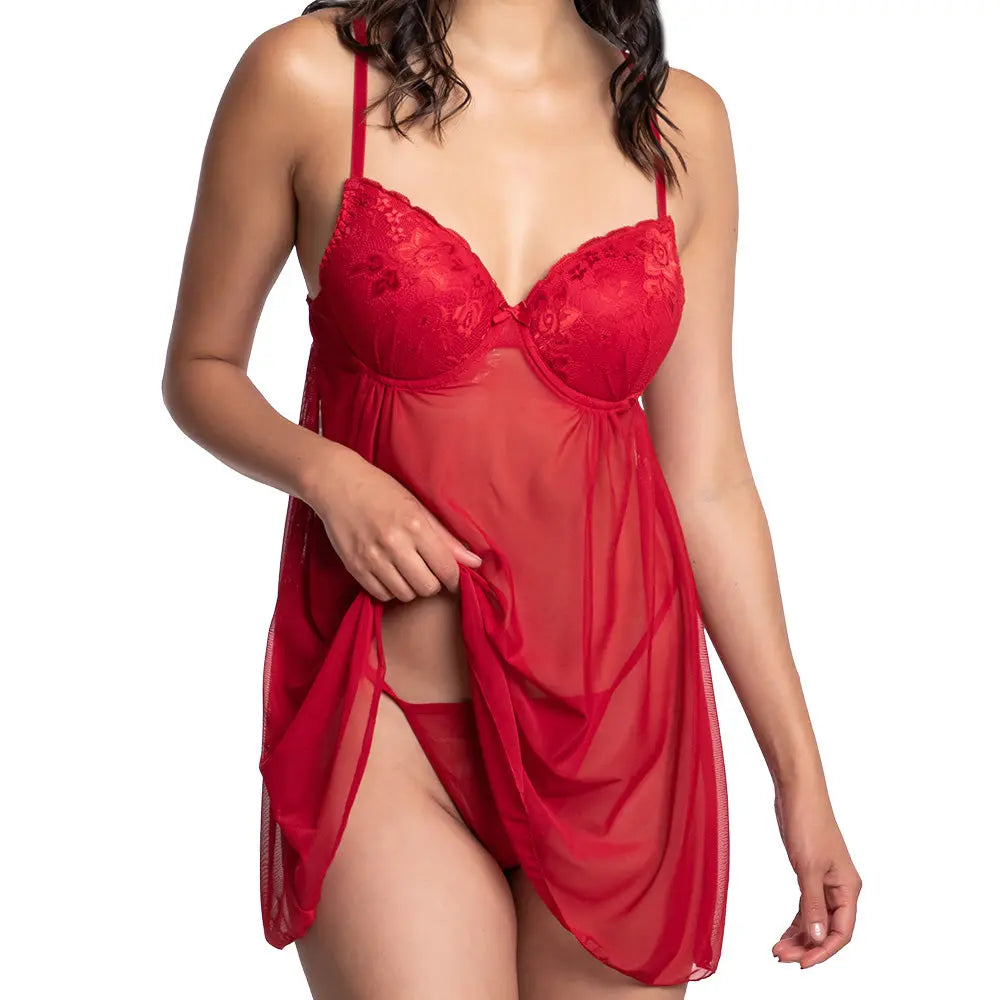 Baby doll rojo de mesh con detalles en contraste. Incluye tanga 3118 Carnival Carnival