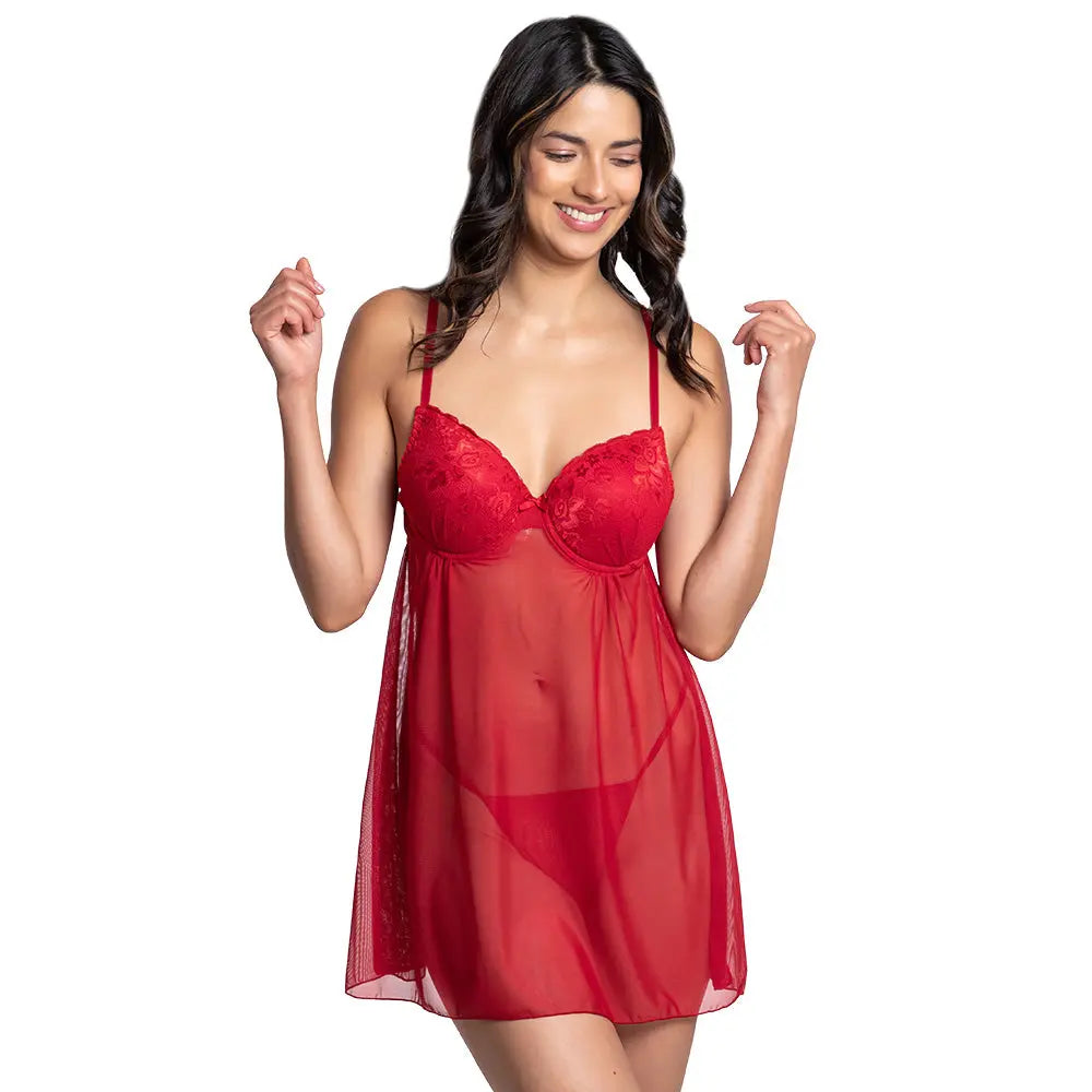 Baby doll rojo de mesh con detalles en contraste. Incluye tanga 3118 Carnival Carnival