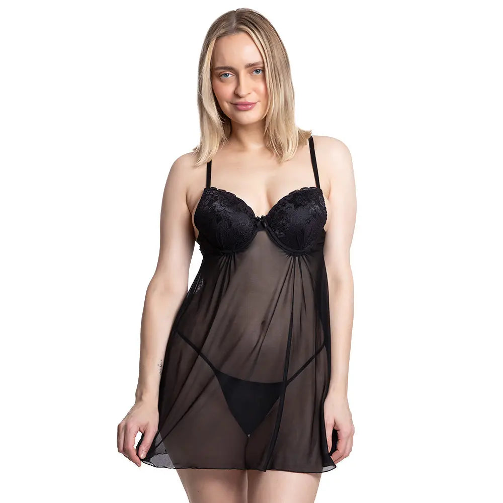 Baby doll negro de mesh con detalles en contraste. Incluye tanga 3118 Carnival Carnival