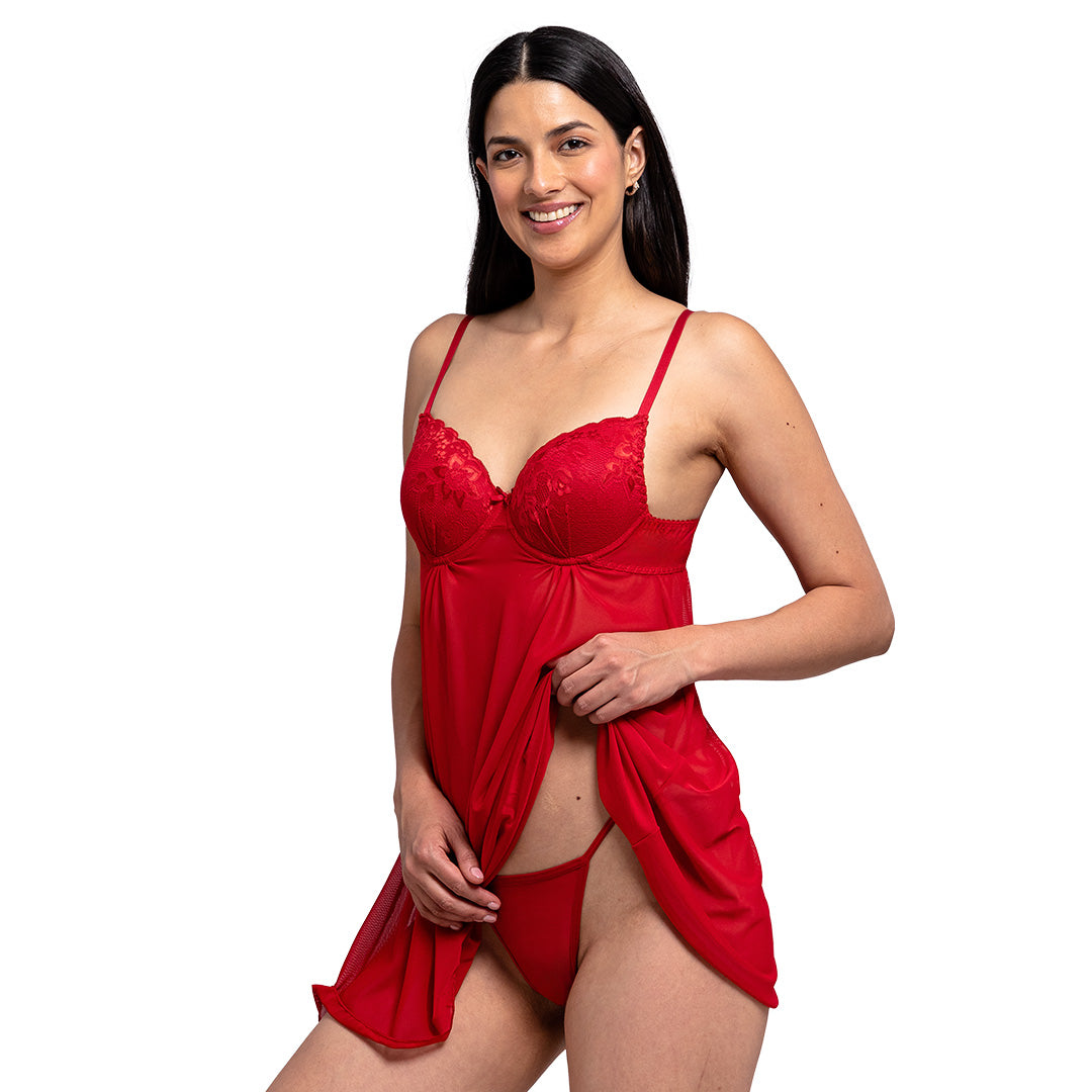 Baby doll rojo de mesh detalles en contraste 3118 Carnival