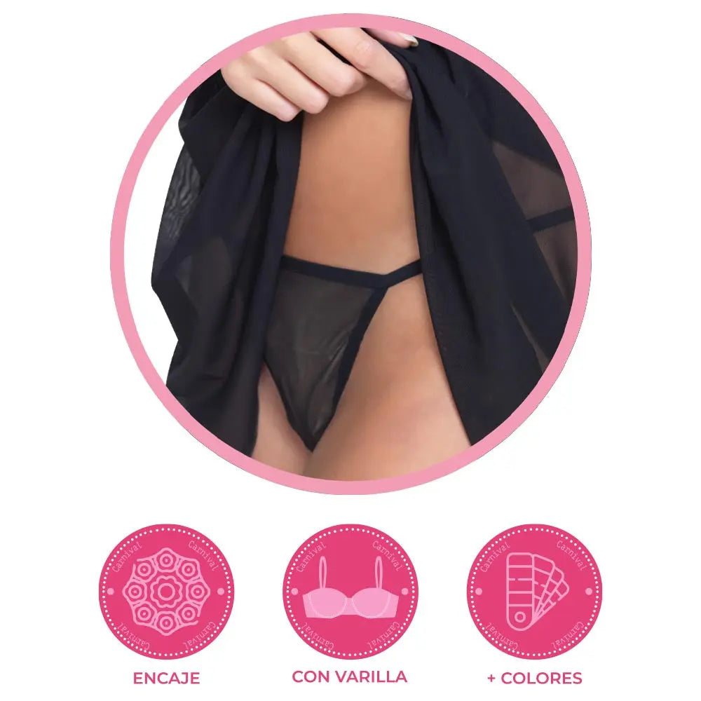 Baby doll negro de mesh con detalles en contraste. Incluye tanga 3118 Carnival Carnival