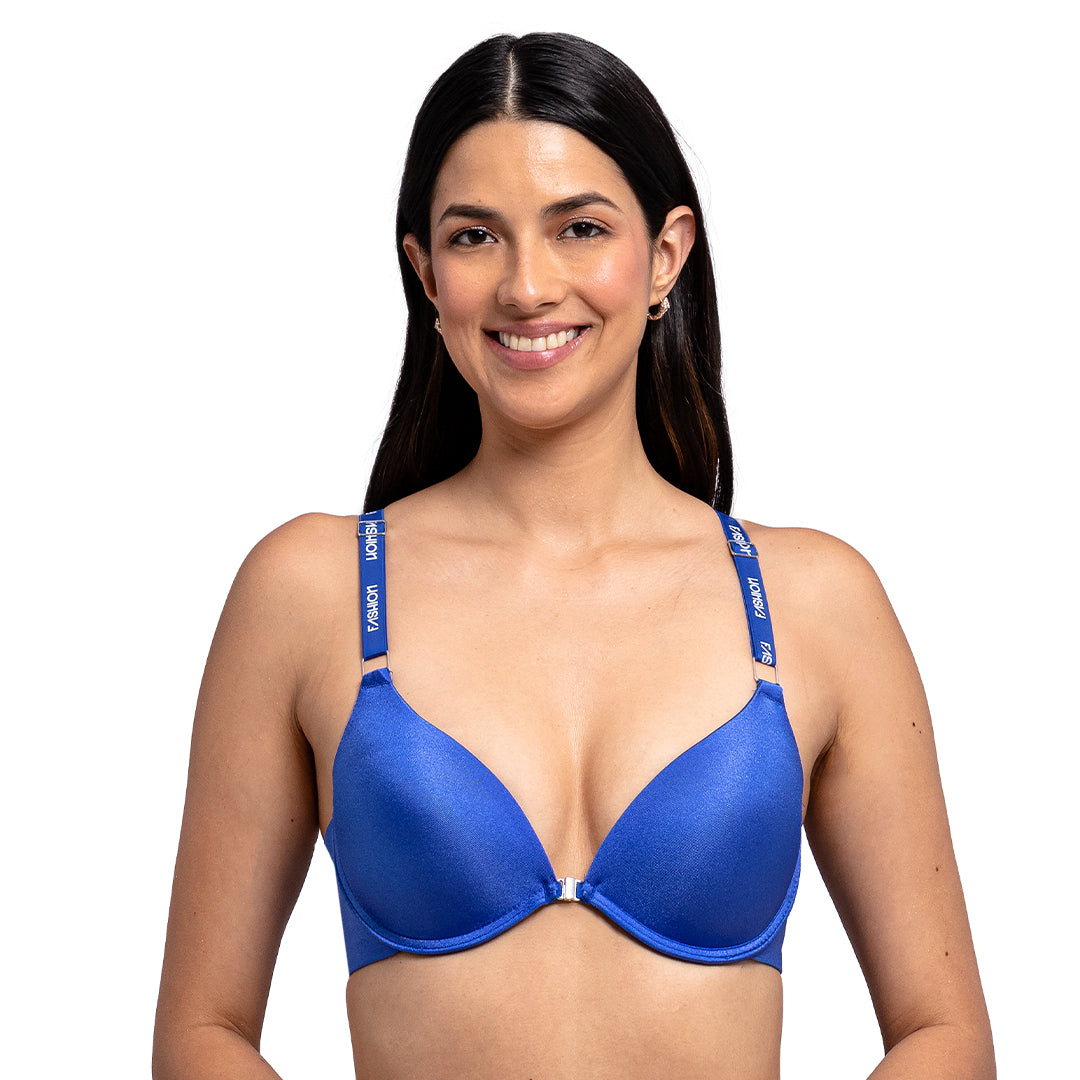 Brasier azul con varilla, broche al frente, ligero push up 25308F Fashion