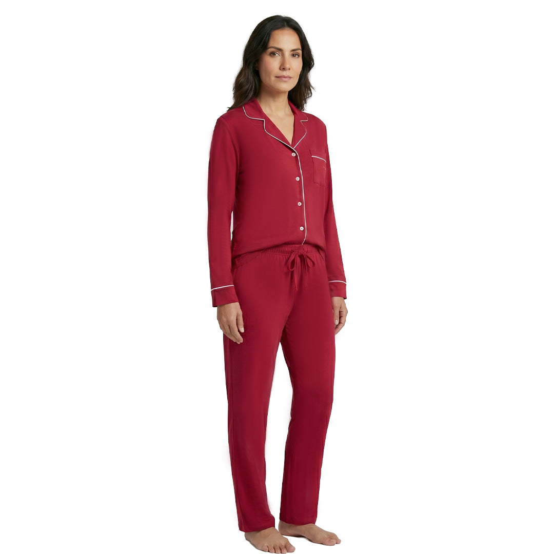 Pijama roja de manga larga con cuello clásico 3057PJ