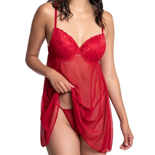 Baby doll rojo de mesh con detalles en contraste. Incluye tanga 3118 Carnival Carnival