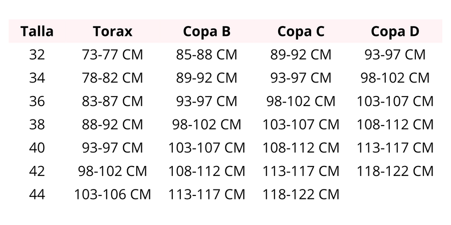 Tabla de medidas completa - Guía de tallas teens con medidas de busto, cintura y cadera