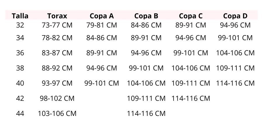 Tabla de medidas completa - Guía de tallas teens con medidas de busto, cintura y cadera