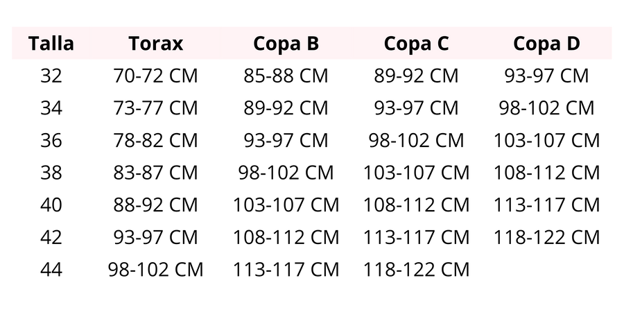 Tabla de medidas completa - Guía de tallas teens con medidas de busto, cintura y cadera
