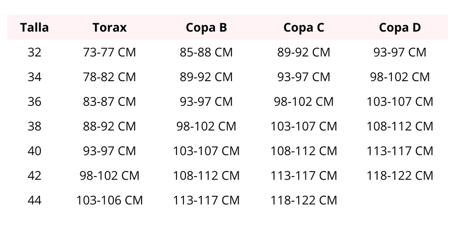 Tabla de medidas completa - Guía de tallas teens con medidas de busto, cintura y cadera