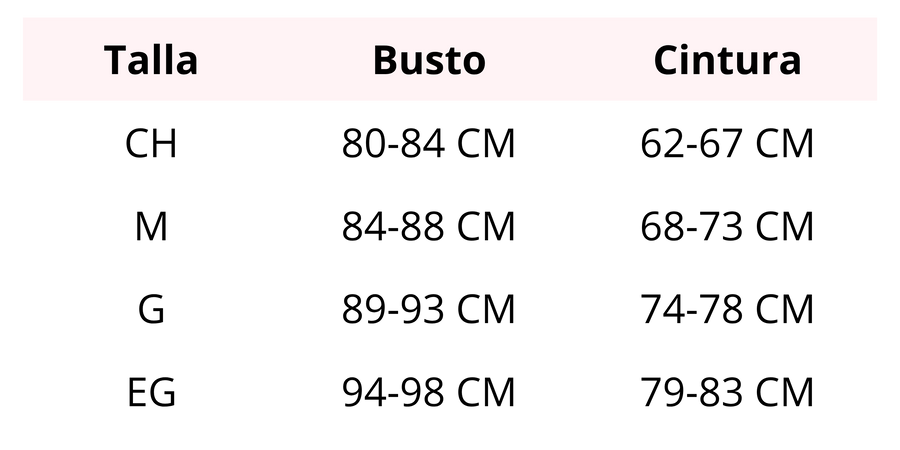 Tabla de medidas completa - Guía de tallas teens con medidas de busto, cintura y cadera